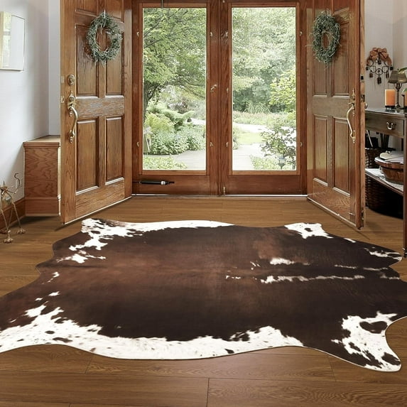 HOMORE Cowhide Rug, Cute Cow Print Rug for Living Room Faux Cow Hide Animal Print Carpet for Bedroom Office Table,5.2'x6.2',Brown