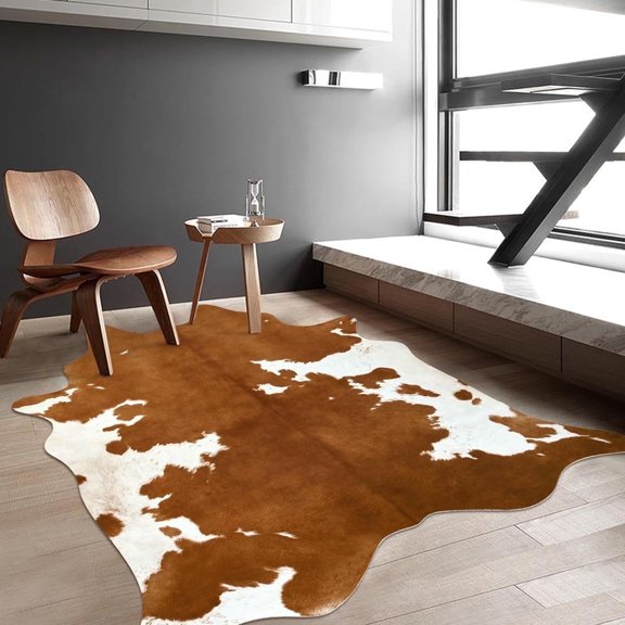 HOMORE Cowhide Rug, Cute Cow Print Rug for Living Room Faux Cow Hide Animal Print Carpet for Bedroom Office Table,5.2'x6.2',Yellow