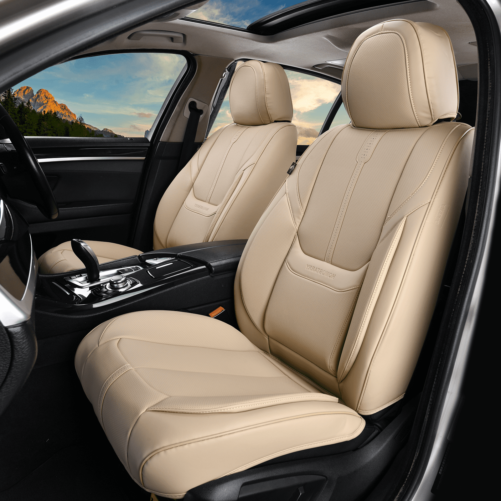 HOMOSTARRY Car Seat Cover Front Seats, Leather Front Seat Covers Waterproof Car Seat Protector Airbag Compatible Universal Fit for Most SUV Sedans, Trucks Beige
