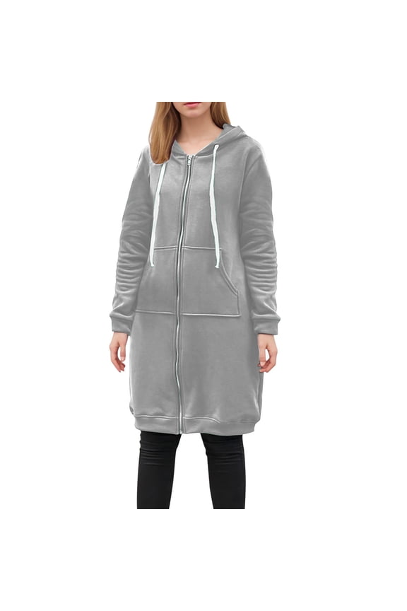 Longline Hoodie for Women Zip Up Jacket Coat Long Sleeve Hooded Long Jackets Casual Fall Winter Warm Loose Fit Hoodie Blanket Plain Oversized Hooded Sweatshirt Grey L