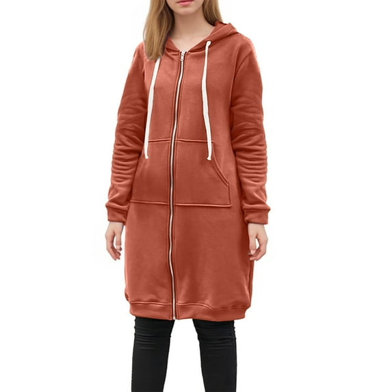HOMOY Longline Hoodie for Women Zip Up Jacket Coat Long Sleeve Hooded Long Jackets Casual Fall Winter Warm Loose Fit Hoodie Blanket Plain Oversized Hooded Sweatshirt Orange S