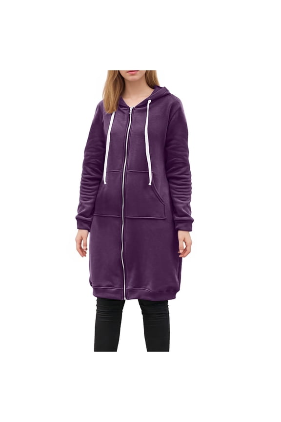 Longline Hoodie for Women Zip Up Jacket Coat Long Sleeve Hooded Long Jackets Casual Fall Winter Warm Loose Fit Hoodie Blanket Plain Oversized Hooded Sweatshirt Purple M