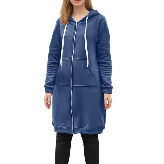 HOMOY Longline Hoodie for Women Zip Up Jacket Coat Long Sleeve Hooded Long Jackets Casual Fall Winter Warm Loose Fit Hoodie Blanket Plain Oversized Hooded Sweatshirt Blue XL