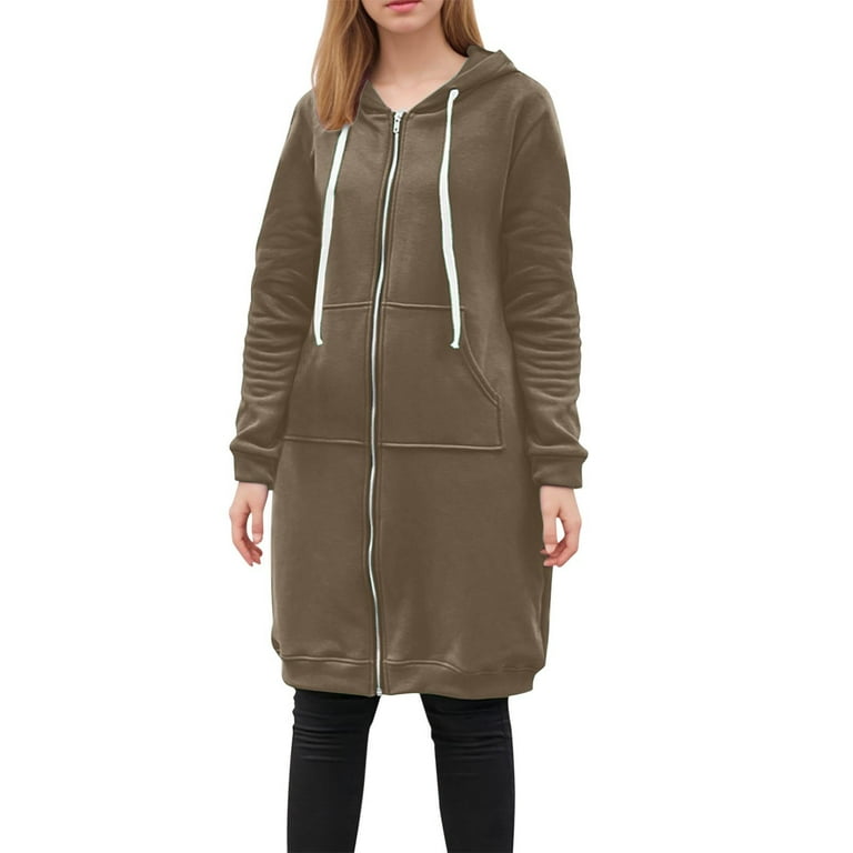 HOMOY Longline Hoodie for Women Zip Up Jacket Coat Long Sleeve Hooded Long Jackets Casual Fall Winter Warm Loose Fit Hoodie Blanket Plain Oversized Hooded Sweatshirt Coffee XXL Walmart