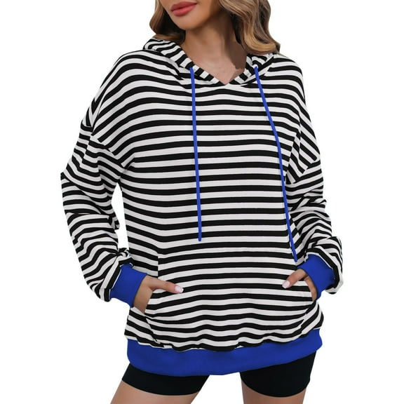 HOMOY Oversized Hoodie Women Striped Long Sleeve Sweatshirts Casual Pullover Tops with Kangaroo Pockets and Drawstring Fashion Sweatshirt Loose Lightweight Hoodies Black S