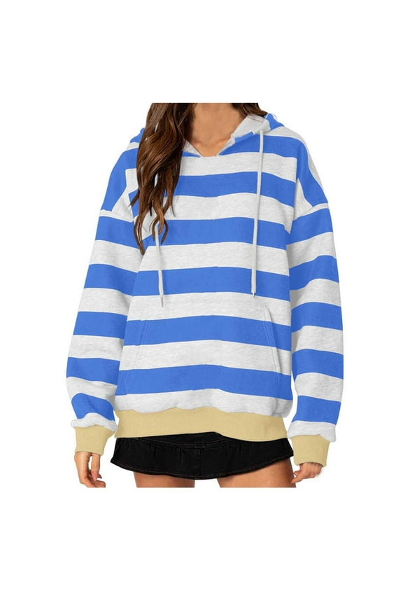 Women's Striped Hoodie Casual Loose Fit Hooded Pullover Sweatshirts Oversized Hoody Sweatshirt with Pocket Long Sleeve Tops Fall Hoodies Light Blue 3XL