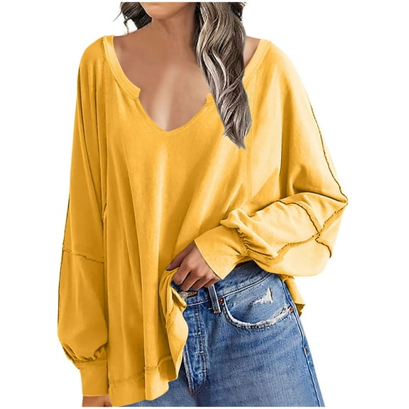 HOMOY Womens Oversized Sweatshirts Casual Long Sleeve T Shirts V Neck Jumper Top Irregular Hem Loose Fit Blouse Soft Comfortable Pullover Tunic Tops Teen Girl Outfits Yellow S