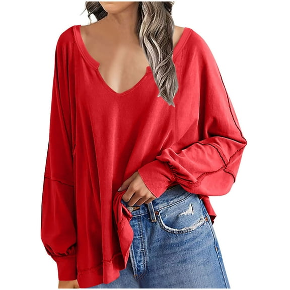 HOMOY Womens Oversized Sweatshirts Casual Long Sleeve T Shirts V Neck Jumper Top Irregular Hem Loose Fit Blouse Soft Comfortable Pullover Tunic Tops Teen Girl Outfits Red XXL