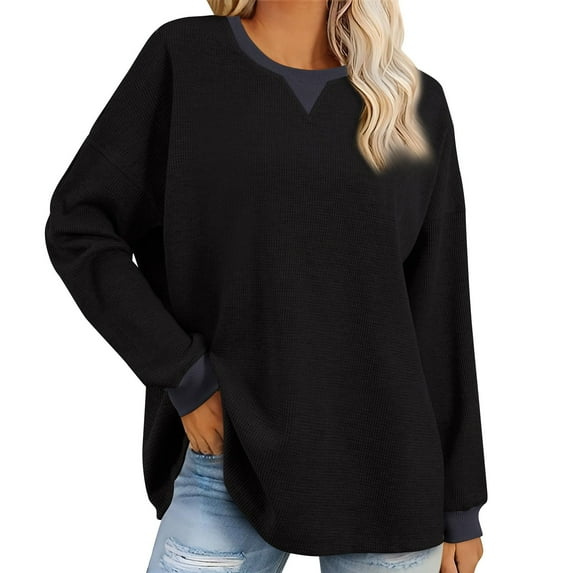 HOMOY Womens Oversized Sweatshirts Waffle Knit Crewneck Long Sleeve Pullover Sweater 2024 Casual Fall Shirt Tops Loose Lightweight Blouse Baggy Top Pullover Shirts Black M