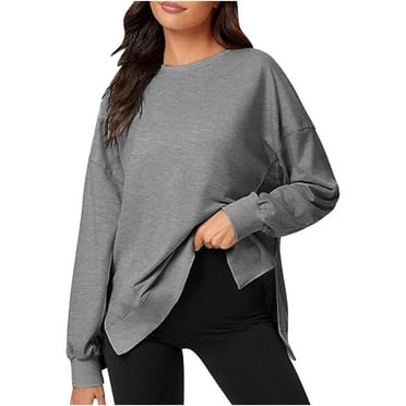 HOMOY Womens Plain Sweatshirt Side Slit Long Sleeve Crew Neck Pullover Tops Fall 2024 Y2K Shirt Oversized T Shirt Casual Loose Activewear Tops Sweatshirts Holiday Clothes Gray XXL