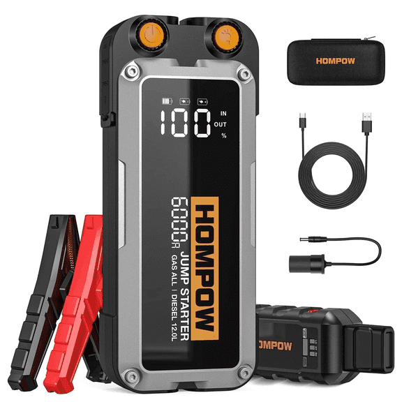 HOMPOW 6000A Car Jump Starter with Air Compressor, 20000mAh Portable Battery Booster with Digital Tire Inflator, works on cars, trucks, motorcycles, and marine batteries