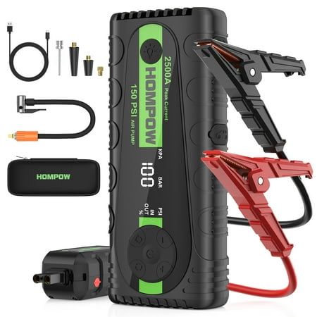 HOMPOW 2500A Car Jump Starter with Air Compressor Portable Battery Booster with Digital Tire Inflator, works on cars, trucks, motorcycles, and marine batteries