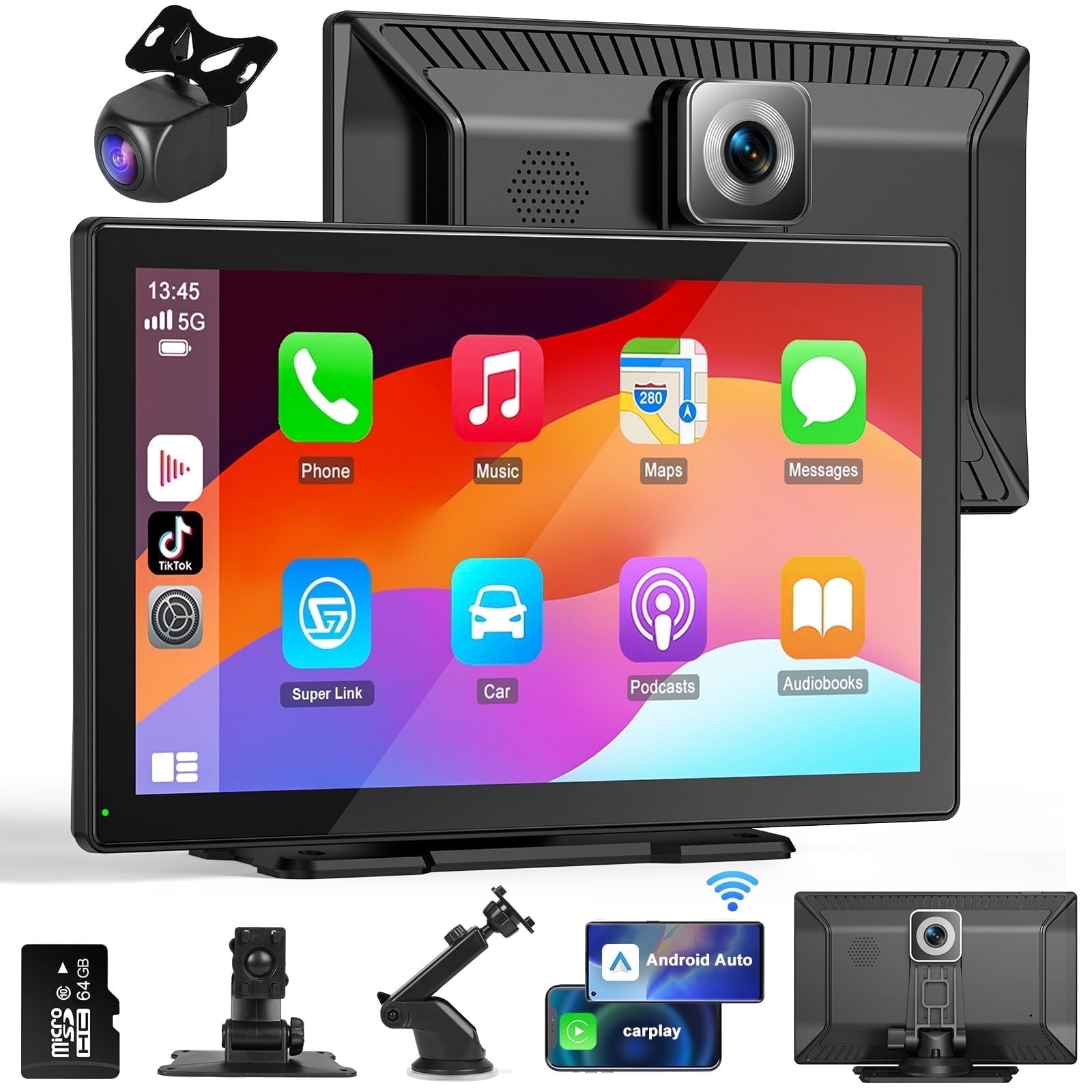 Hompow Adjustable Wireless Apple Carplay Touchscreen with 4K Dash Cam, 10.24" x 6.30" x 3.91"