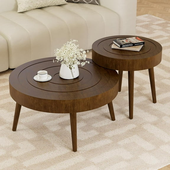 HOMPUS 2-Pieces Modern Coffee Table, 31.5'' Round Nesting Coffee Table with Handcrafted Ring Pattern, Wood Tea Table Sets with Wooden Leg for Living Room, Meeting Room, Bedroom, Brown