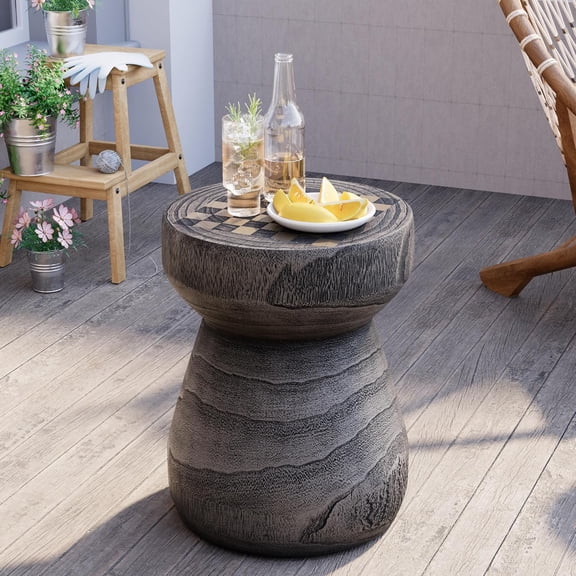 HOMPUS Outdoor Side Table with Checkerboard Grain Tabletop, Concrete Patio Table Mushroom Shaped, MgO Lightweight Round End Table Modern Vintage Round Coffee Table for Indoor Outdoor Use, Grey
