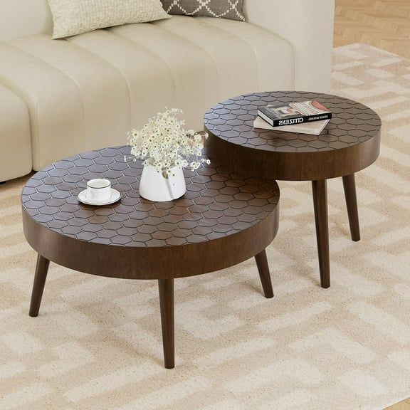 HOMPUS Round Nesting Coffee Table w Pattern Tabletop, 2 Piece Coffee Table Set Living Room Table Set Circle w Wood Grain Finish, Modern Coffee Tables Set of 2 w Wood Legs for Living Room