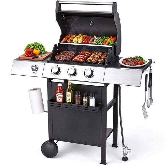 HOMRELEXA 3-Burner Freestanding Gas Grill Outdoor Barbecue Grill for Backyard Patio Cooking