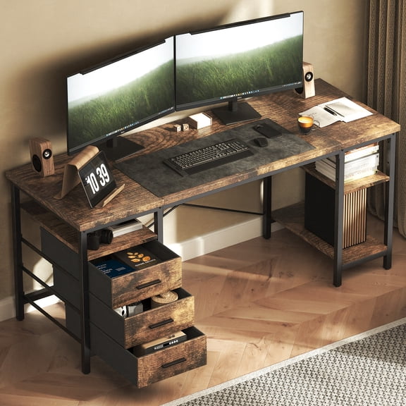 HOMRELEXA 47" Computer Desk, Home Office Desk with 3 Reversible Storage Shelves and Drawers, Small PC Table for Bedroom, Brown