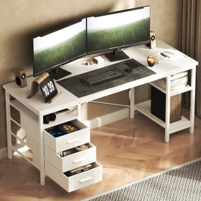 HOMRELEXA 47" Computer Desk, Home Office Desk with 3 Drawers and Storage Shelves, PC Table Small Desk for Bedroom, White