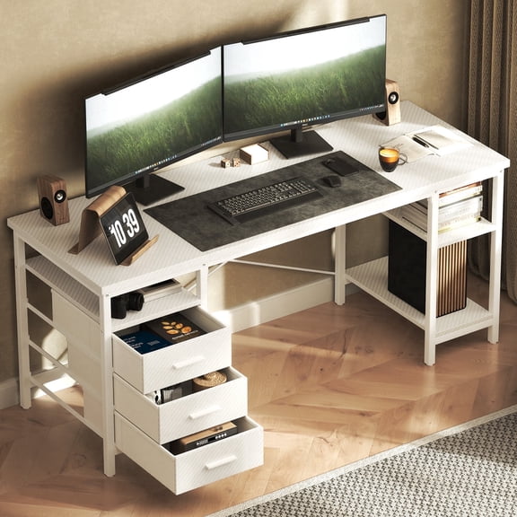 HOMRELEXA 47" Computer Desk, Home Office Desk with 3 Drawers and Storage Shelves, PC Table Small Desk for Bedroom, White