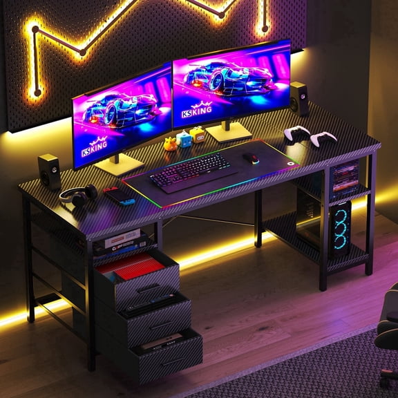 HOMRELEXA 55" Gaming Desk, Home Office Computer Desk with 3 Drawers and Storage Shelves, Black PC Desk