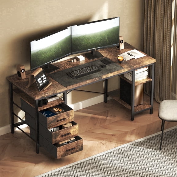 HOMRELEXA 55" Computer Desk, Home Office Desk with 3 Drawers and Storage Shelves, PC Table Desk for Bedroom, Brown