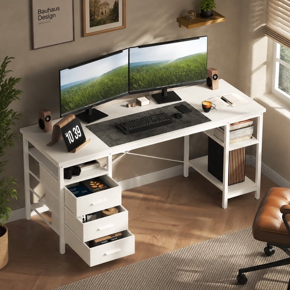 HOMRELEXA 55" Computer Desk, Home Office Desk with 3 Drawers and Storage Shelves, PC Table Desk for Bedroom, White
