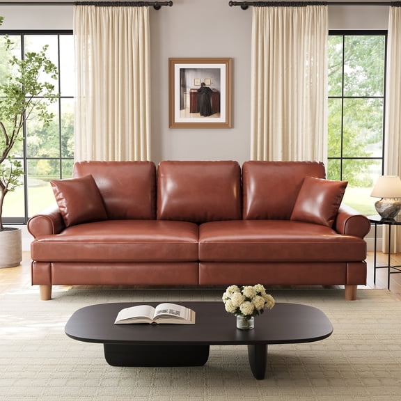 HOMRELEXA 87" PU Leather Couch, Comfy Deep Seat Sofa for Living Room, with 2 Pillows, Brown