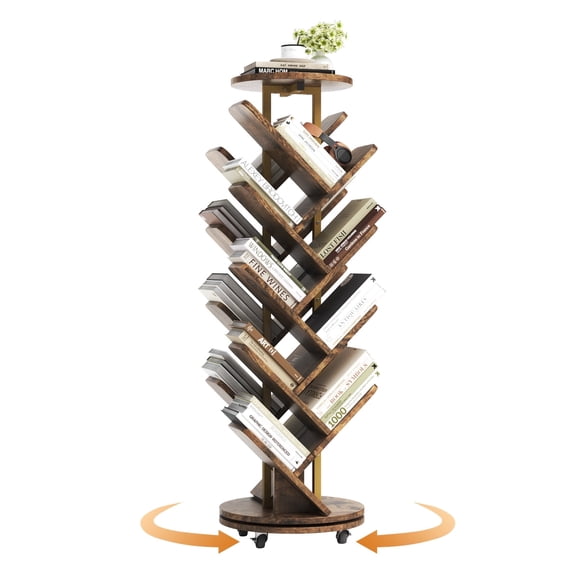 HOMRELEXA 9-Tier Tree Bookshelf, Double-sided Tall Floor Standing Book Organizer Shelf, Home Decor for Living Room, Bedroom, Brown