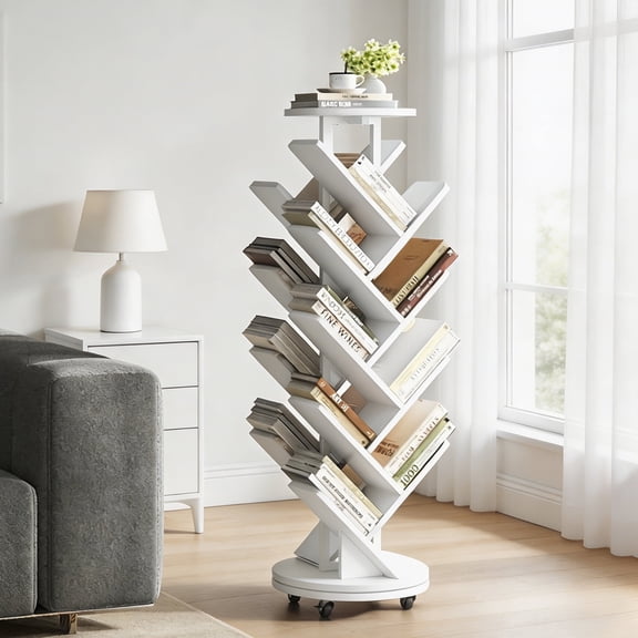 HOMRELEXA 17-Tier Tree Book Shelf, 360° Rotating Bookcase with Wheels, Freestanding Storage Organizer for Home Office and Living Room, White