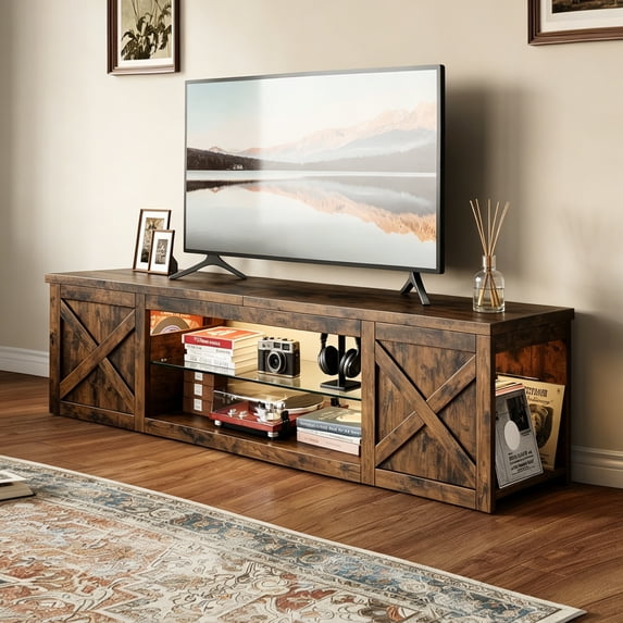 HOMRELEXA Farmhouse TV Stand for TVs Up to 65", Home Entertainment Center with LED Light, Open Storage Cabinet & Adjustable Shelves, Brown