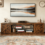 HOMRELEXA Farmhouse TV Stand for TVs Up to 80", Home Entertainment Center with LED Light, Open Storage Cabinet & Adjustable Shelves, Brown