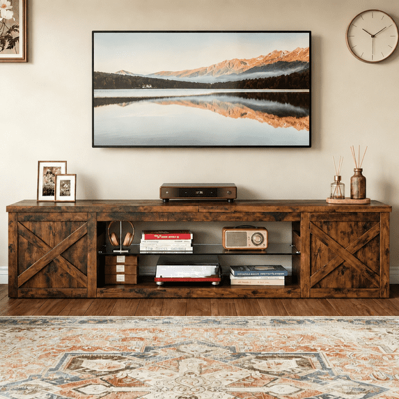 HOMRELEXA Farmhouse TV Stand for TVs Up to 80", Home Entertainment Center with LED Light, Open Storage Cabinet & Adjustable Shelves, Brown
