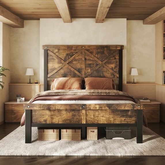 HOMRELEXA Farmhouse Bed Frame Full Size with 51" Tall Headboard and Footboard, Platform Bed Frame, No Box Spring Needed, Brown