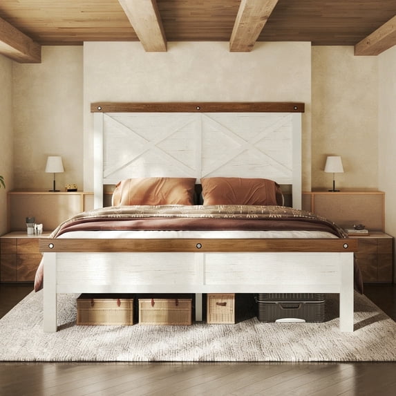 HOMRELEXA Farmhouse Bed Frame Full Size with 51" Tall Headboard and Footboard, Platform Bed Frame, No Box Spring Needed, White