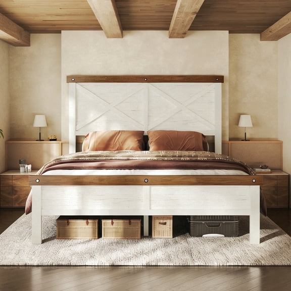 HOMRELEXA Farmhouse Bed Frame Full Size with 51" Tall Headboard and Footboard, Platform Bed Frame, No Box Spring Needed, White