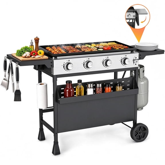HOMRELEXA Gas Griddle, 4-Burner Propane Gas Grill 40000 BTU Flat Top Grill with Foldable Side Table for Outdoor Cooking, BBQ & Camping