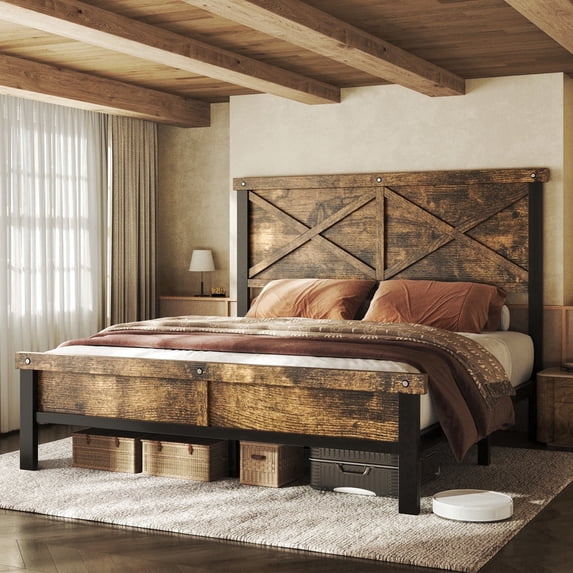 HOMRELEXA Farmhouse Bed Frame Queen Size with 51" Tall Headboard and Footboard, Platform Bed Frame, No Box Spring Needed, Brown