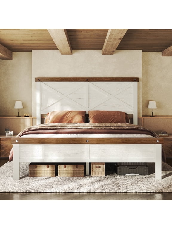 Farmhouse Bed Frame Queen Size with 51" Tall Headboard and Footboard, Platform Bed Frame, No Box Spring Needed, White