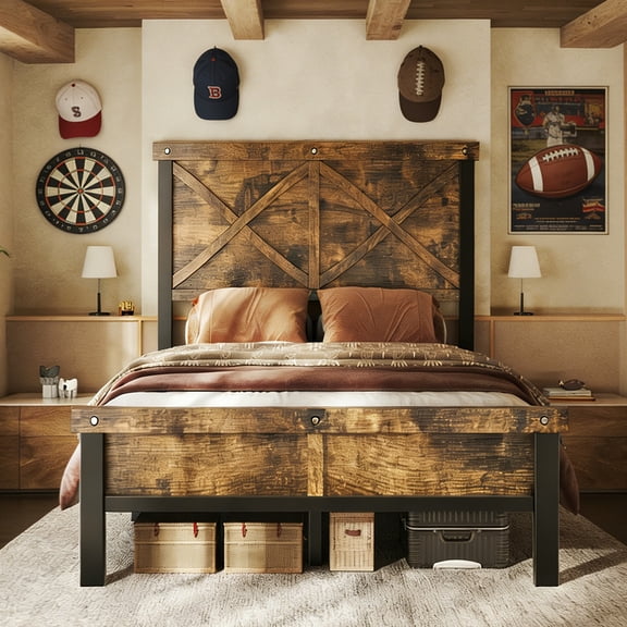 HOMRELEXA Farmhouse Bed Frame Twin Size with 51" Tall Headboard and Footboard, Platform Bed Frame, No Box Spring Needed, Brown
