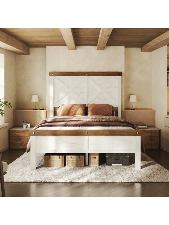 Farmhouse Bed Frame Twin Size with 51" Tall Headboard and Footboard, Platform Bed Frame, No Box Spring Needed, White