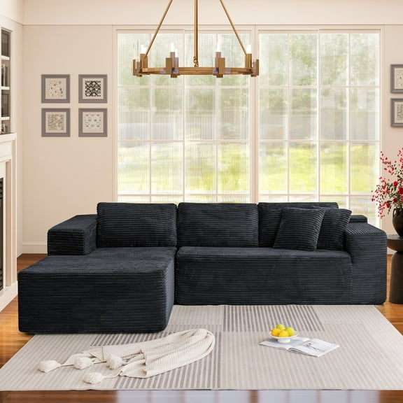 HOMREST 106" Cloud Sectional Couch with Chaise Lounge, L-Shape Modular Sectional Sofa with Deep Seat, Upholstered Couches for Living Room Bedroom, No Assembly Required, Black (Plush Corduroy Fabric)