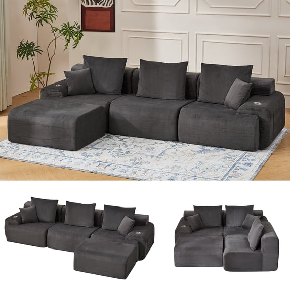 Homrest 118 in L-shaped modular sectional sofa for living room, corduroy upholstery cloud sofa with movable ottoman, oversized boneless couch, deep seat, no assembly required, black