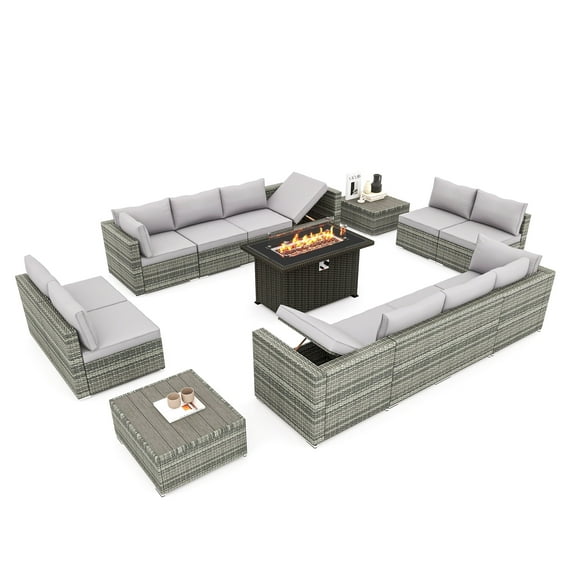 HOMREST 14 Pieces Outdoor Patio Furniture Set with 44" Propane Fire Pit Table, PE Rattan Sectional Sofa Conversation Set w/Adjustable Bracket, Wood Coffee Table for Backyard (Grey)