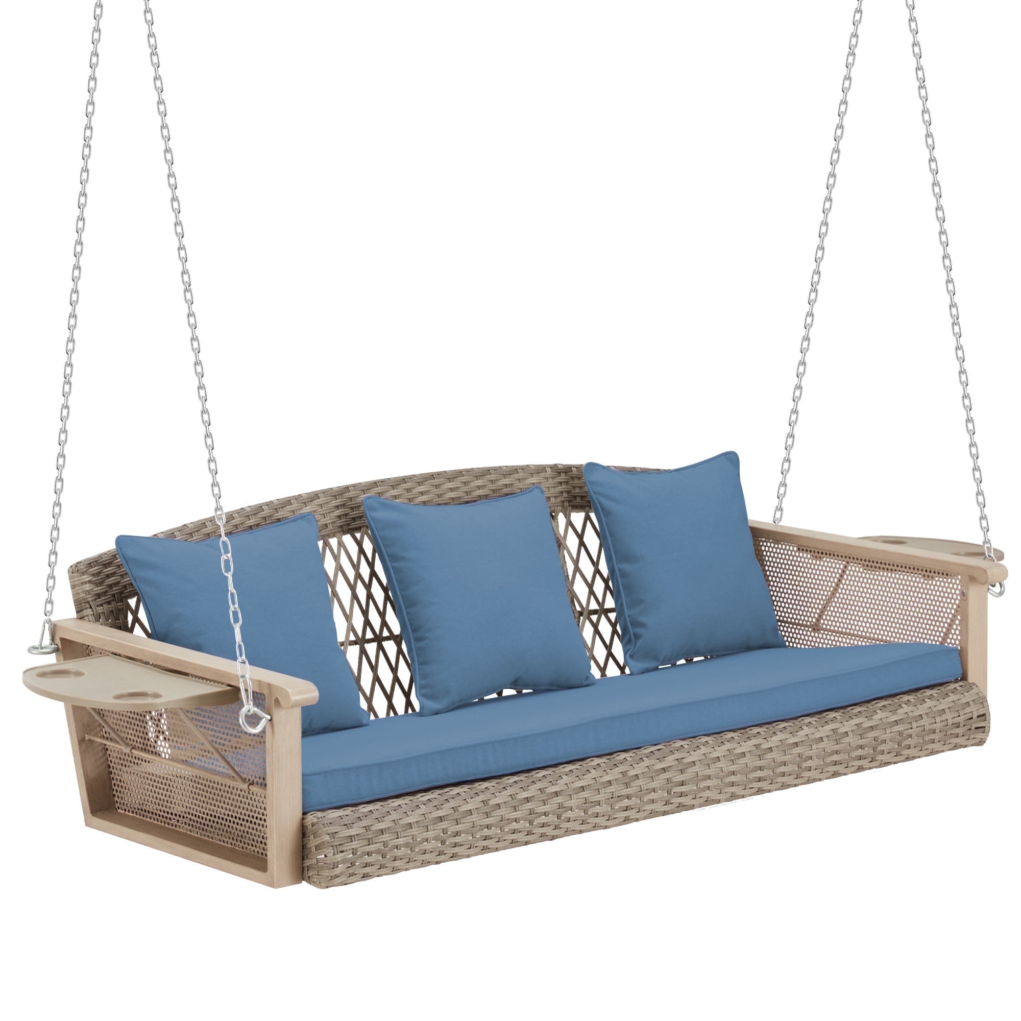 HOMREST 3-Person Porch Swing 55in Wicker Hanging Swing Bench with Cushions and Cupholders for Deck, Garden and Backyard, Blue