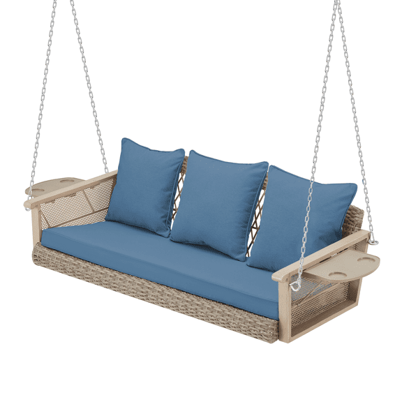 HOMREST 3-Person Porch Swing 55in Wicker Hanging Swing Bench with Cushions and Cupholders for Deck, Garden and Backyard, Blue