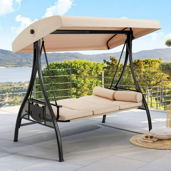 HOMREST 3-Seat Outdoor Porch Swing with Adjustable Canopy and Backrest, Patio Swing Chair with Weather Resistant Steel Frame,Comfortable Cushions for Balcony,Garden,Deck and Poolside