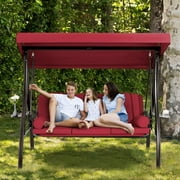 HOMREST 3-Seat Outdoor Porch Swing with Adjustable Canopy and Backrest, Patio Swing Chair with Weather Resistant Steel Frame,Comfortable Cushions for Balcony,Garden,Deck and Poolside