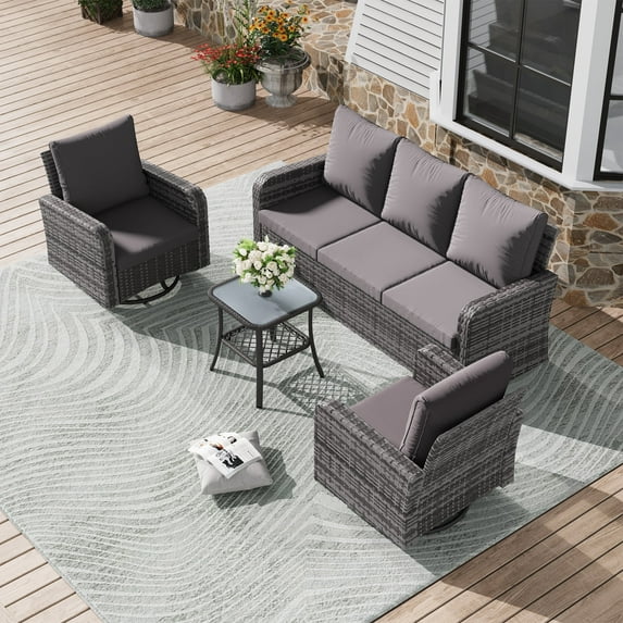 HOMREST 4 Piece Wicker Patio Furniture Set, 360 Degree Outdoor Swivel Patio Chairs w/Coffee Table and 3-Seat Sofa, Small Patio Furniture Set for Garden, Deck and Poolside (Grey)
