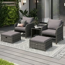 HOMREST 5 Piece Balcony Furniture, All Weather PE Wicker Rattan Patio Furniture Set, Cushioned Patio Chairs Set of 2 w/Ottoman&Table, Outdoor Lounge Chair for Lawn Pool Balcony, Grey
